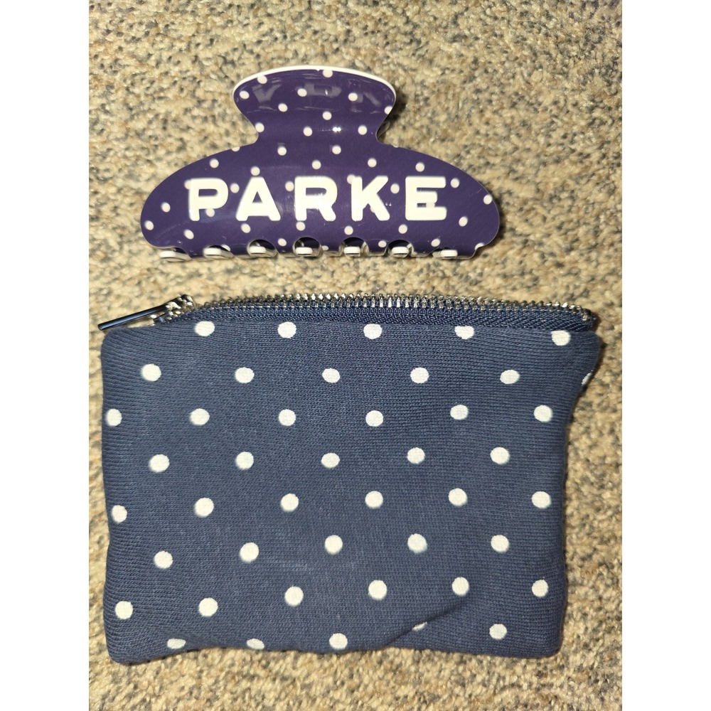 New Parke Denim White Polka Dot Claw Clip and Zipper Pouch Accessory Set